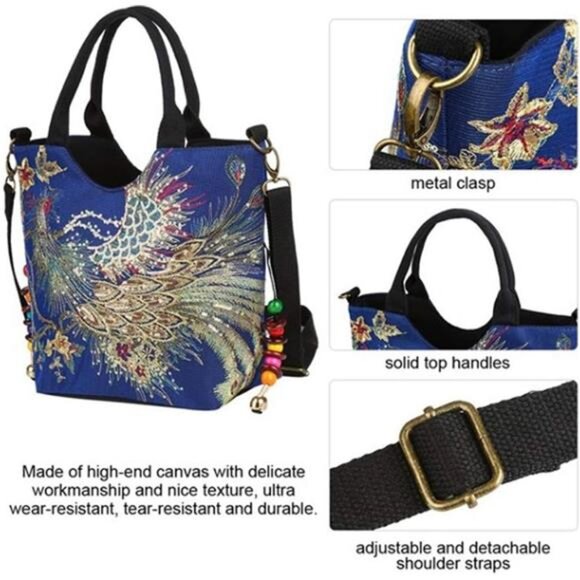 Canavas Shoulder Handbags for Women,Ladies Ethnic Travel Bohemian Bags Tote - Picture 3 of 7